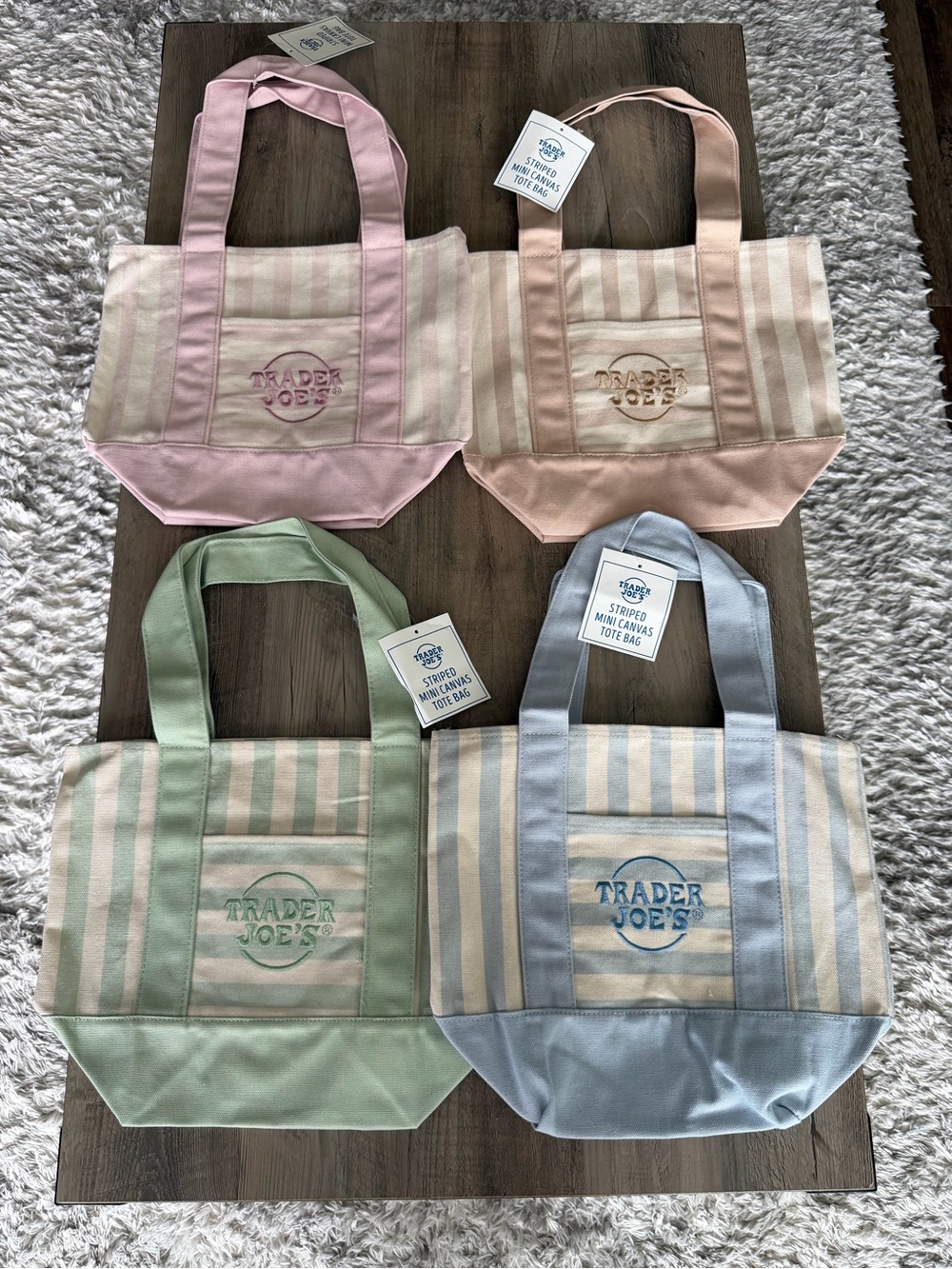 Trader Joe’s Pastel Stripe Canvas Tote Bag - Pink, Blue, Green, Peach(tan) 4pk